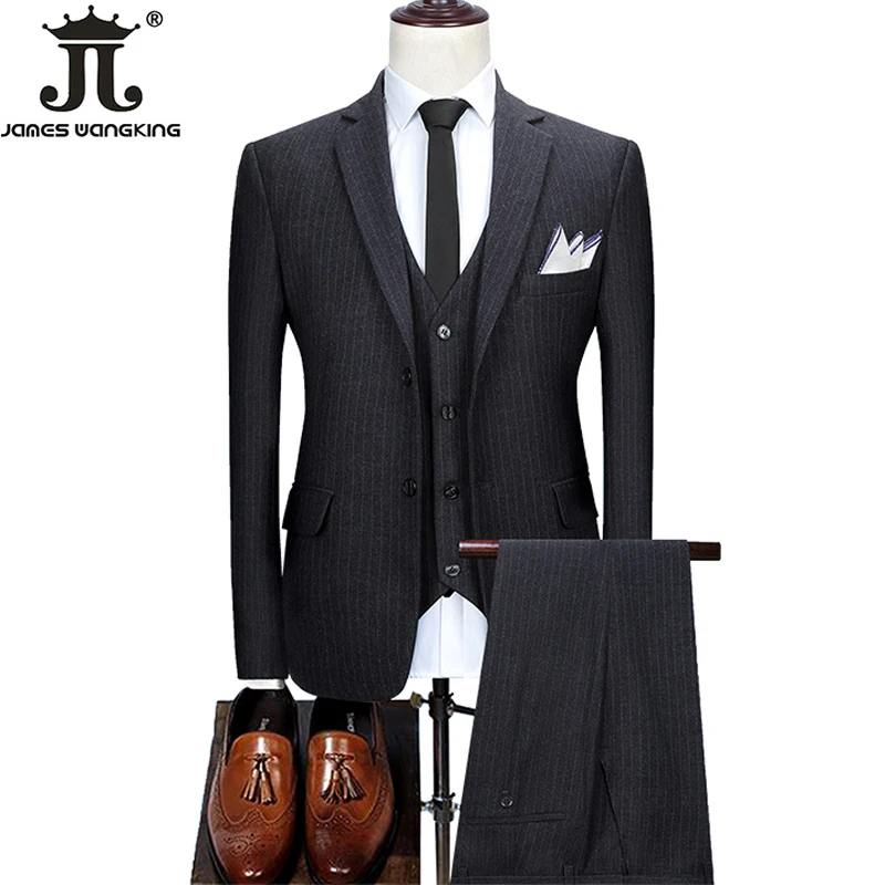 

( Jacket + Vest + Pants ) High-end Brand Boutique Fashion Striped Mens Formal Office Business Suit 3Pce Set Groom Wedding Dress