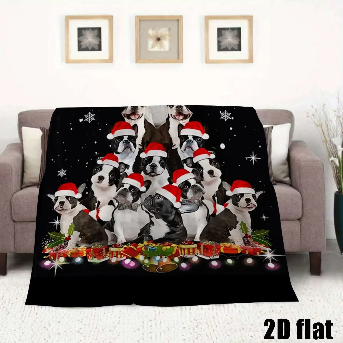 Sketch Cute Xmas Boston Terrier Puppy Holiday Gift Design Throw Blanket Soft Flannel for Sofa Lap Cover Cozy Rest Time Home
