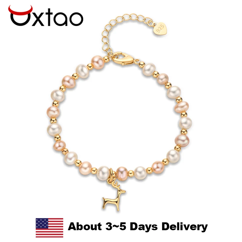 

Элегантный браслет OXTAO с подвеской в виде оленя и жемчугом для женщин, 5,5-6,5 мм, браслет с подвеской из натурального пресноводного жемчуга, рождественские украшения, изысканный подарок