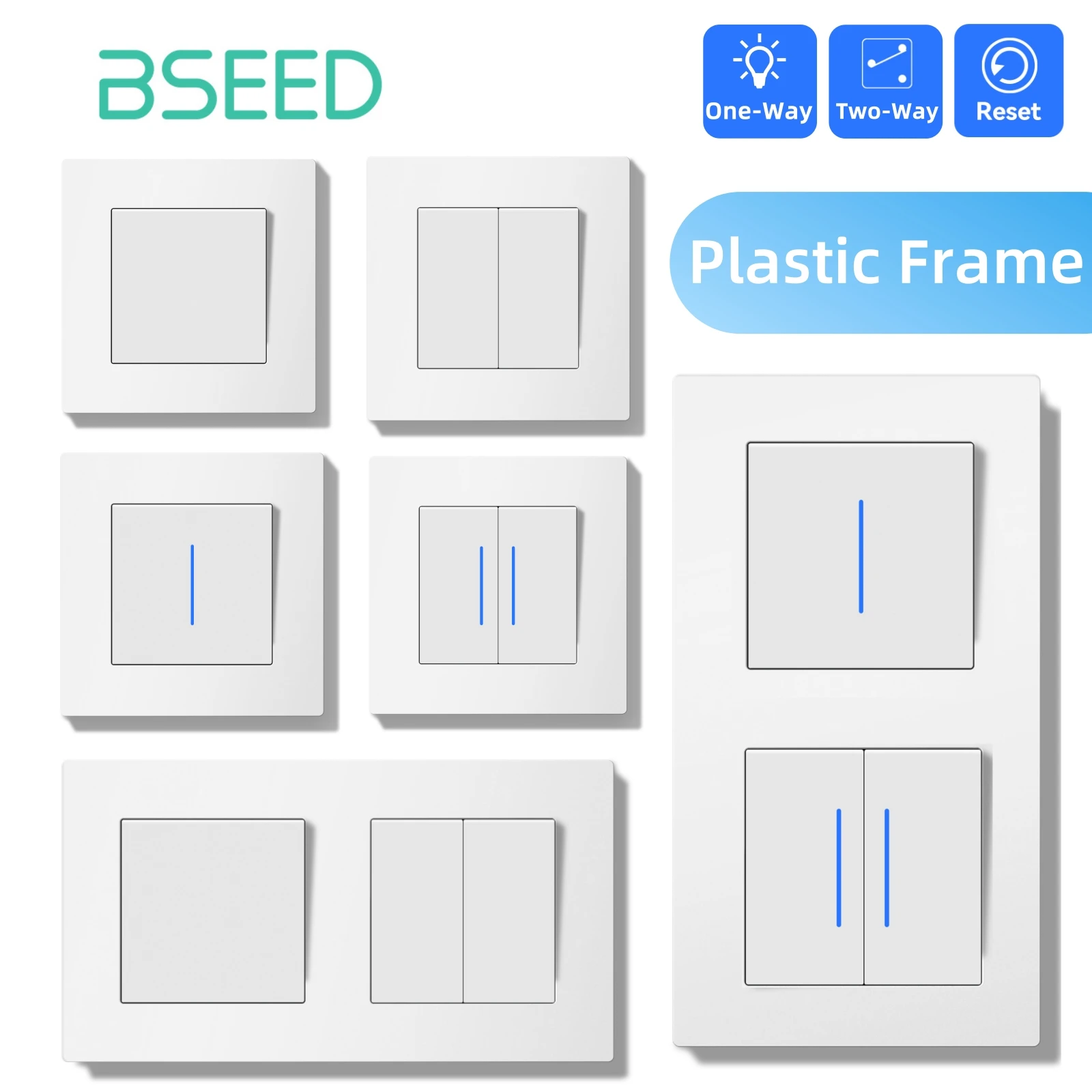 BSEED Switch Light Switch With LED White Plastic Frame Wall Switch with Indicator Lamp E-Series EU Standard 1/2Way/Reset