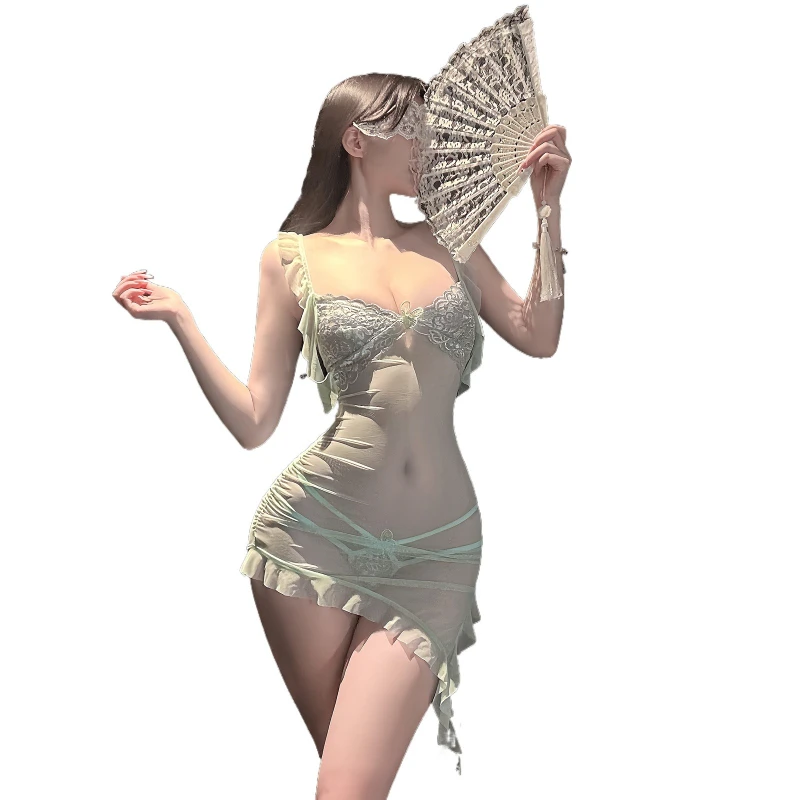 

Sexy Lace Mesh Backless Strap Dress Pure Desire Underwear Role Play Costumes Women Perspective Skirt Adult Erotic Home Pajamas