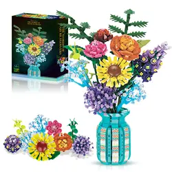 Flowers Bouquet Building Blocks Set With Vase Sunflower Rose Model Bricks Creative Home Decoration Kids DIY Toys Holiday Gifts