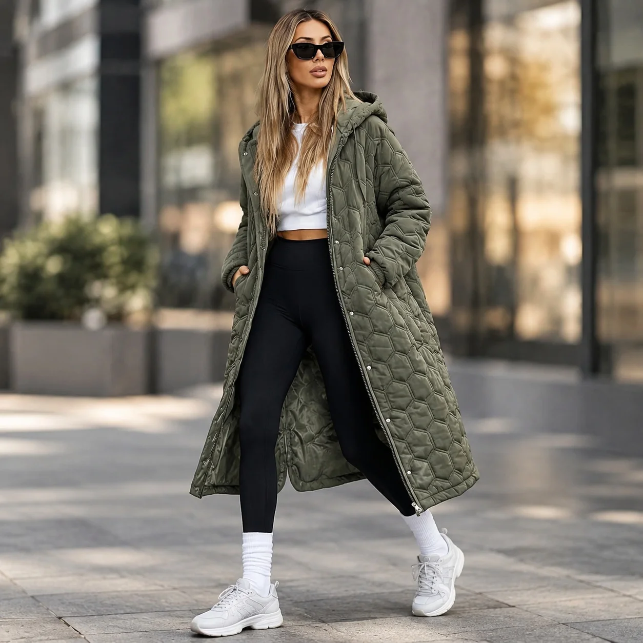 Quilted Hooded Coat Mid Length Casual with Japanese Korean Casual Long Sleeve Coats Regular Sleeve Thick for Women