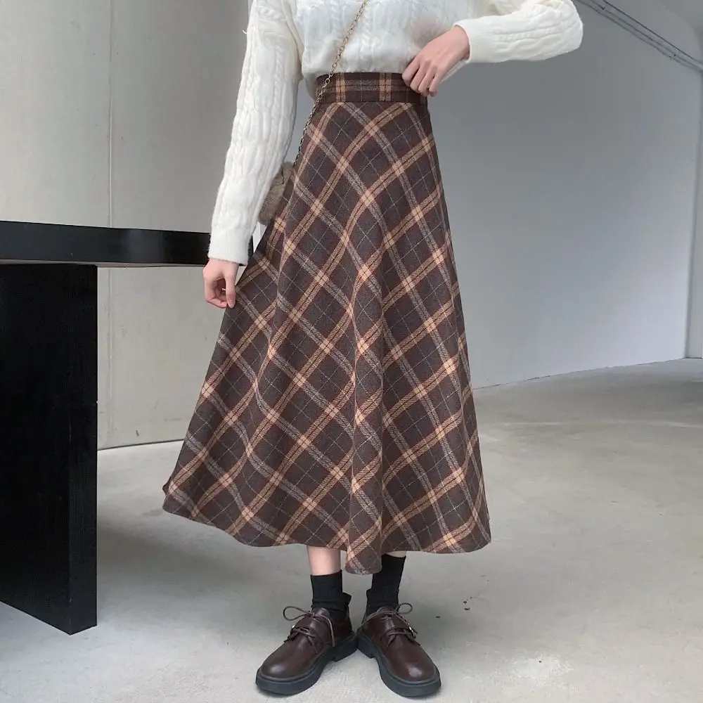 

High Waist Retro Plaid Skirt Winter Autumu Classical High Waist Long Skirt Slim Fit Preppy Style A-line Half Dress Autumn