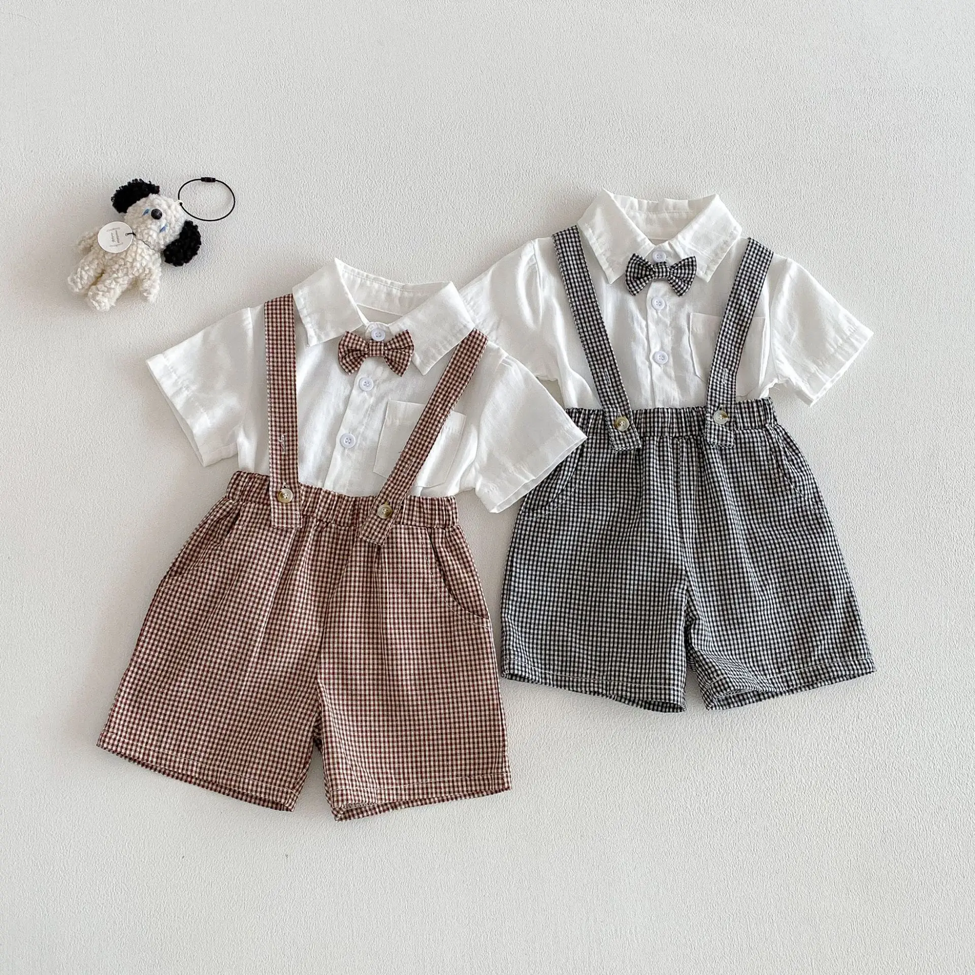 2026 Summer New Children Short Sleeve Clothes Set Boys Solid Lapel Shirts + Plaid Overalls 2pcs Suit Fashion Toddler Outfits