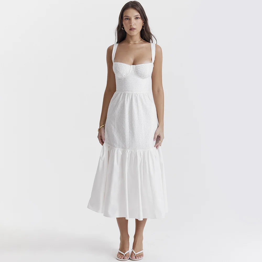 Midikleid Aus Leinen Mit Strumpfhaltern Chic Bustier Broderie Anglaise Ruffle Beach Vacation Midi Sundress Sommerkleid In White