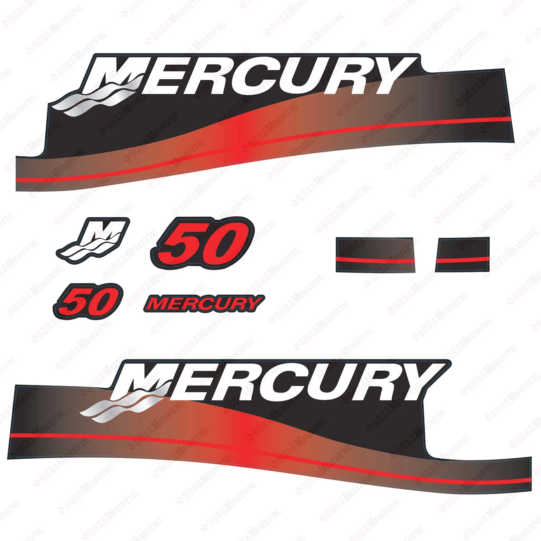 Red Decal Kit Sticker Set  for Mercury 50 HP Two Stroke 1999-2006 Year Outboard Engine Reproduction 50HP 2-Stroke ELECTRIC