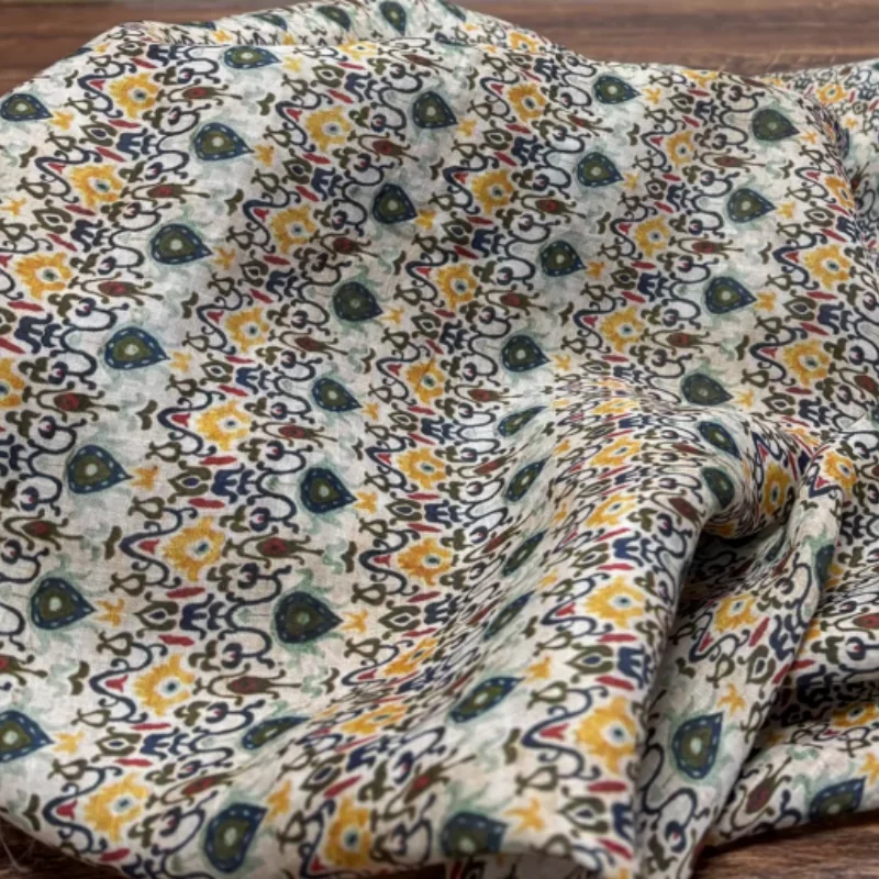 

Multi colored printed ramie fabric, used for handmade production of shirts, dresses, and other clothing.