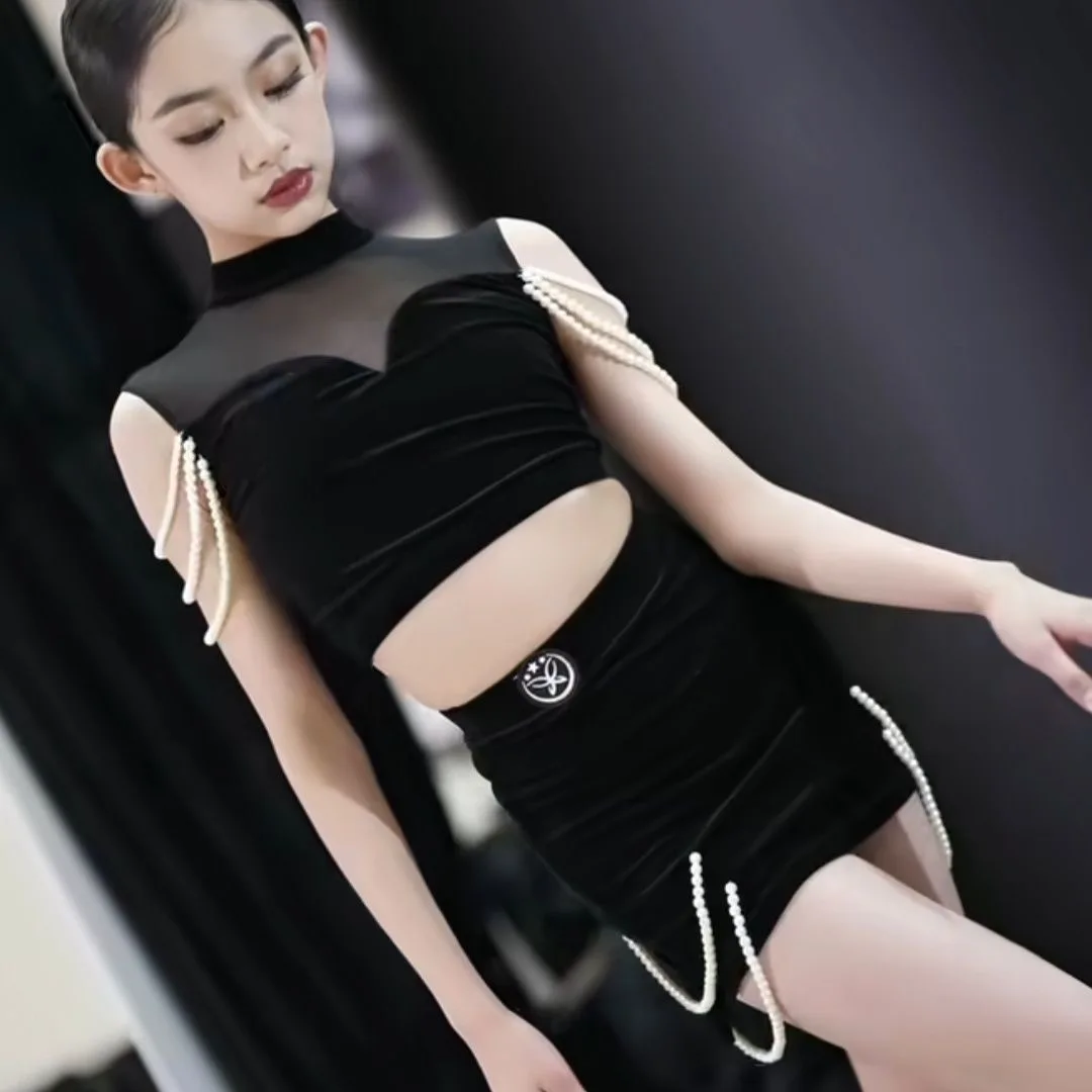 

Линейный танцевальный костюм, новые продукты, черная танцевальная одежда, топ, юбка, костюм с жемчугом, танцевальная одежда, одежда для латинских танцев, женская сценическая одежда