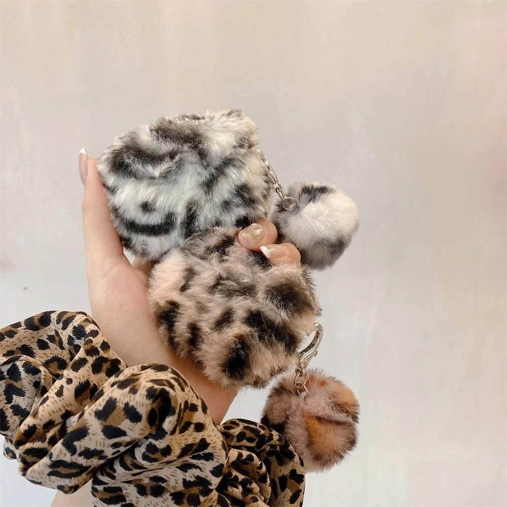 Winter Warm Fluffy Soft Plush Leopard Earphone Case For Apple AirPods 1 2 Pro 3 Cover Silicon Fur Headphones Box Protector Cases