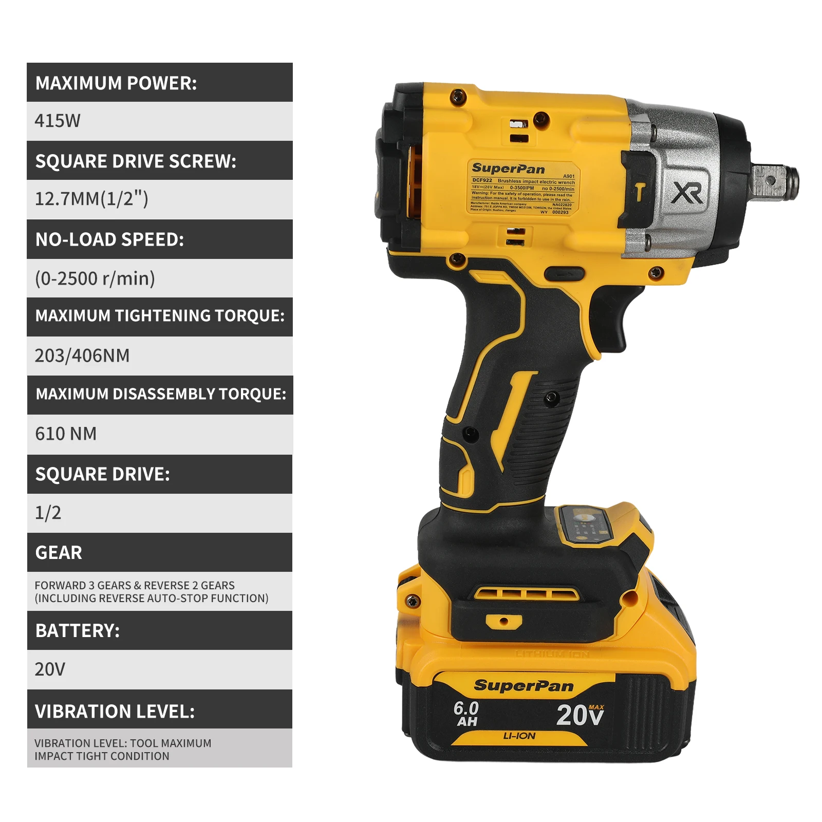 مفتاح ربط لاسلكي - قوة أقصى 415 وات، عزم دوران تفكيك 610 نانومتر |   1/2 محرك مربع |   متوافق مع بطارية ديوالت 20 فولت