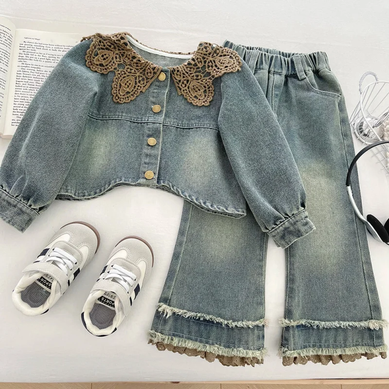 

Girls' Denim Set2025Autumn New Baby Spring and Autumn Jacket Stylish Furry Jeans Two-Piece Set