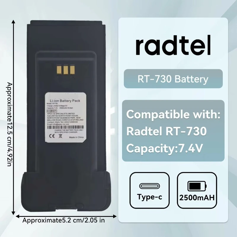 For Radtel RT-730 Two Way Ham Radio Walkie Talkie Battery Pack 7.4V 2500mAh Li-ion Rechargeable Battery with Type-C Port