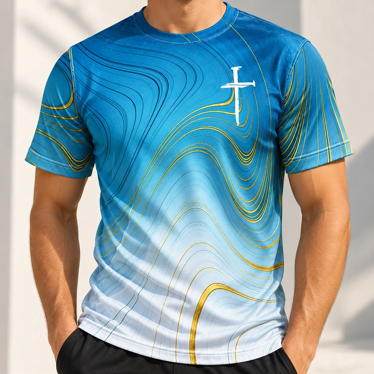 New Men's 3D Printed Cross Shirt, Religious Sports T-shirt, Grey and White Color Block Short Sleeve Tee, Gym Running Casual Top