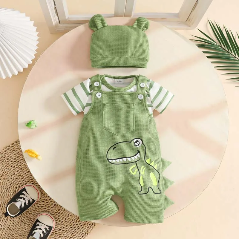 0-18 Months Baby Boy Clothing 3Piece Outfits Summer Short Sleeve Stripes Bodysuits+Dinosaur Suspenders+Hats Newborn Set