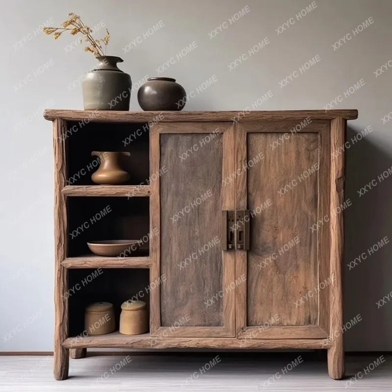 HHWabi Sand Wind Old Elm New Chinese Style Home Storage Office Storage Box Mealside Tea Cabinet