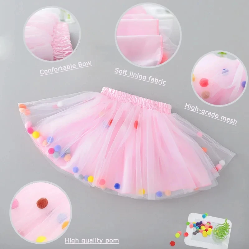 2024 New Arrival Infant Mulity Colorful Tulle Tutu Skirt Pom Pom Princess Mini Dress Children Clothing Pettiskirt Girl Clothes