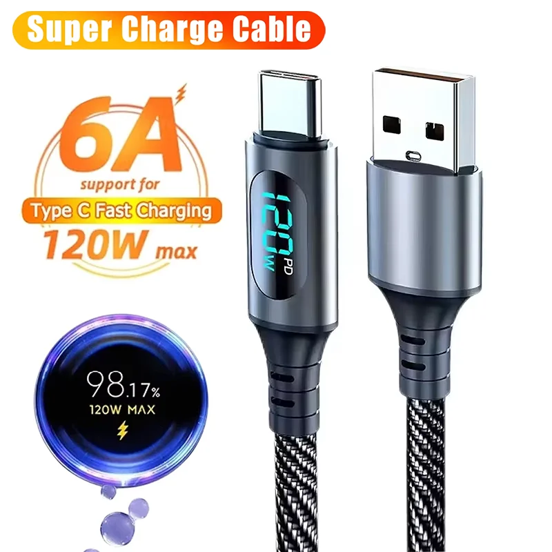 6A 120W Cable Super Fast Charging Cable USB-C To Type-C Nylon Data Cord With LED Digital Display Cable For Xiaomi Redmi IPhone17