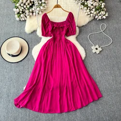 Chic Elegant Square Collar Maxi Dress Women Solid Short Puff Sleeve Dresses 2026 Korean Fashion Vintage Ruffle Vestidos