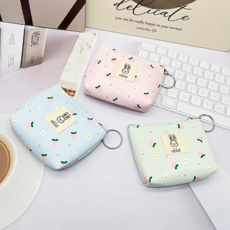 24pcs Coin Purses Canvas Rabbit Flower Printing Light Protable Small Wallet Mix Color