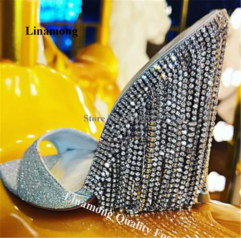 Linamong Bling Bling Rhinestones Tassels Thin Heel Sandals Charming Open Toe Silver Black Crystals Fringes Stiletto Heel Slipper