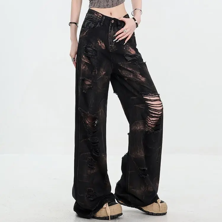 Jeans hip hop plus size: calças largas tie-dye da moda, rasgadas e fluidas