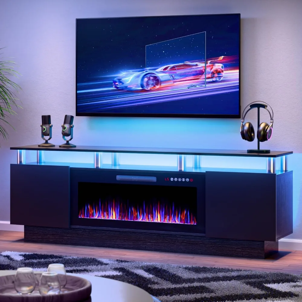 

70 Fireplace TV Stand with 36 Fireplace for TVs up to 80, Modern Wooden Entertainment Center with LED Lights for Living Room