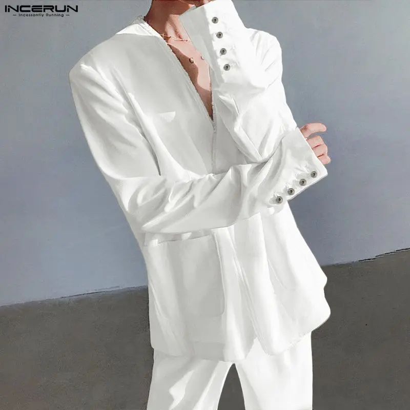 

INCERUN Мужские комплекты Однотонный пиджак и брюки с v-образным вырезом и длинными рукавами Комплекты из двух предметов Уличная одежда Свободные модные повседневные мужские костюмы S-5XL