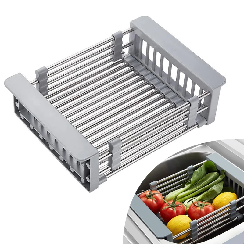 Adjustable Dish Drying Rack Stainless Steel Dish Drainer Fruit Vegetable Drainer Kitchen Sink Drain Holder Storage Rack