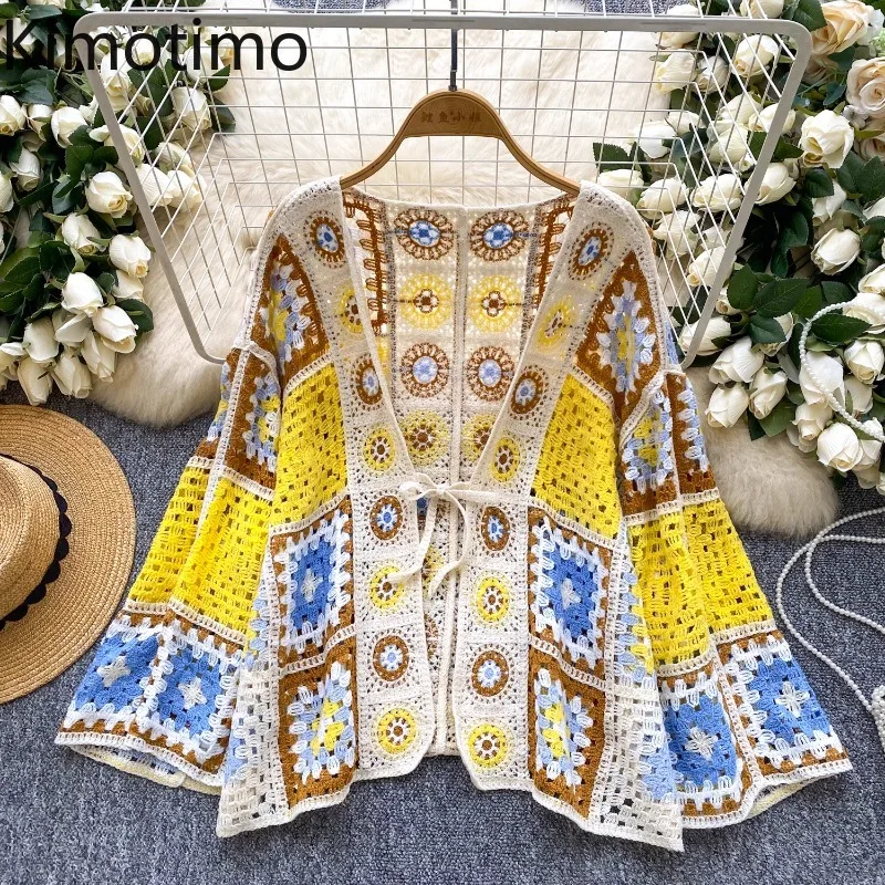 

Kimotimo Boho Hollow Hook Flower вязаный кардиган женский винтажный контрастный цвет V-образный вырез на шнуровке свободные пальто с длинными рукавами и шалью топы