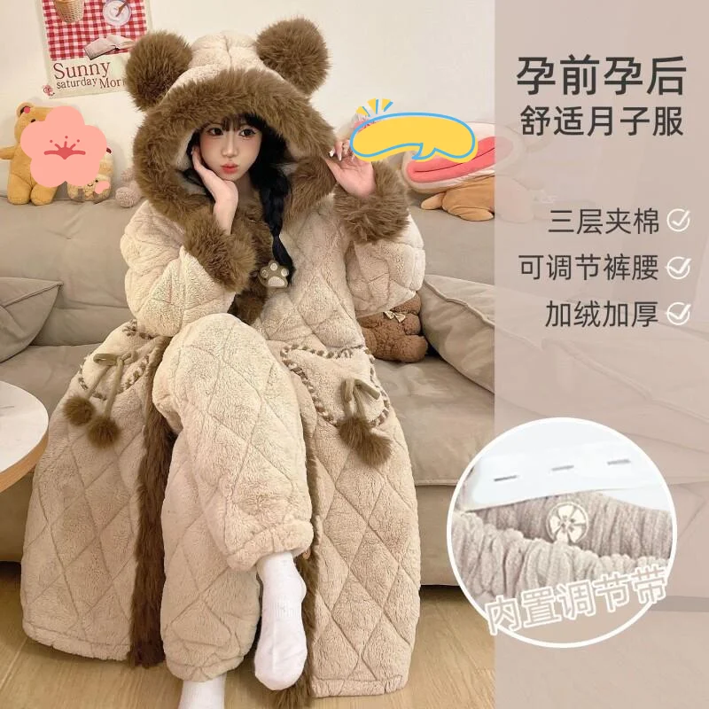 

Women's pajamas Comfortable Sleepwear Cotton Pajama Set winter autumn Quilted Bear Robe Coral Fleece Thick Suit