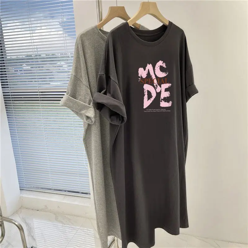 Women Tunics Summer Casual Short Sleeve Letter Printed Loose Dress Summer O-neck Vintage Pullover Midi Chic Dresses