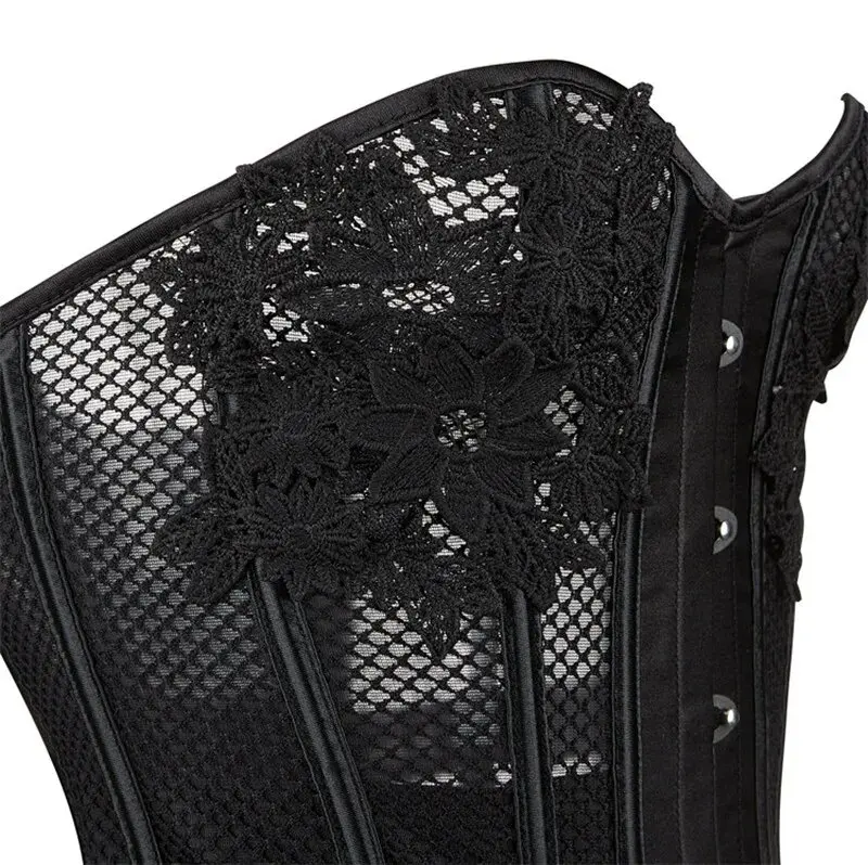 Women Sexy Mesh Hollow Out Corset Floral Lace Up Boned Bustier Overbust Body Shaper Lingerie Bodyshaper Corselet Top