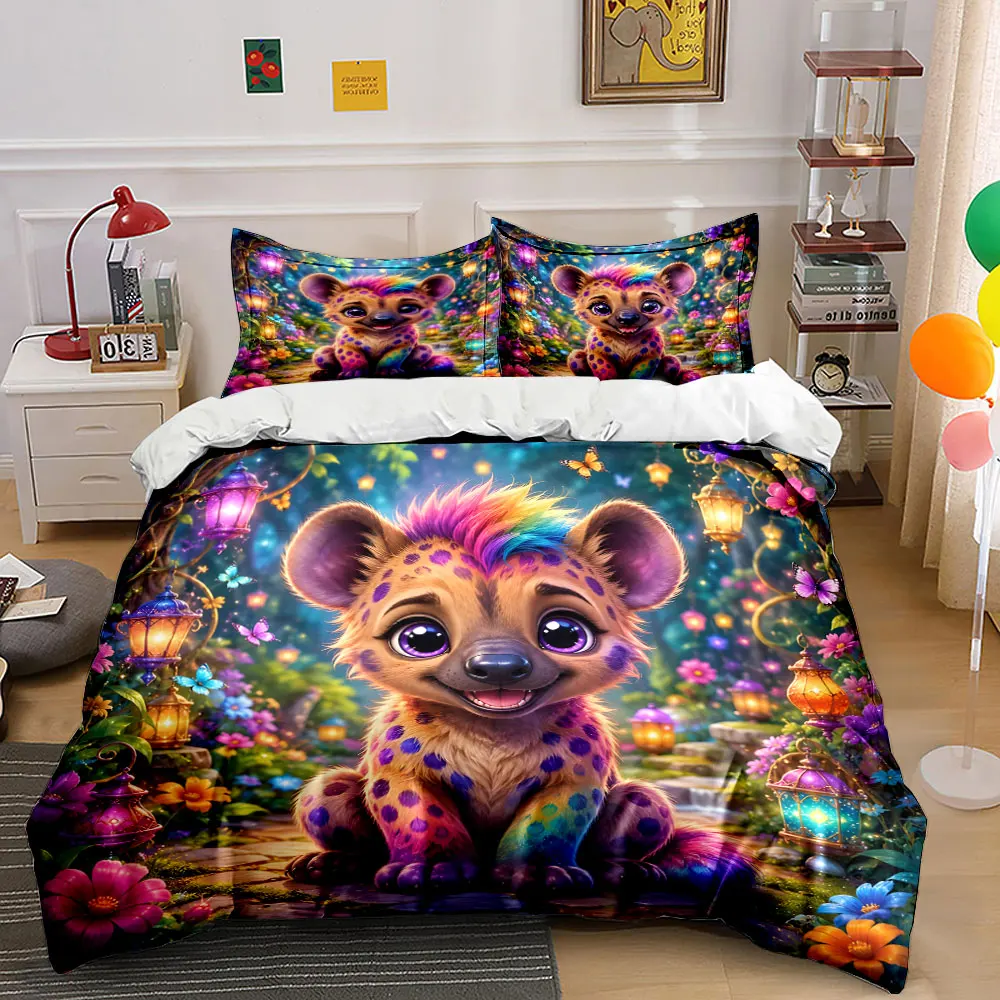 Bettwäsche-Set mit Cartoon-Hyänen und verträumter Laternen-Garten-Druckerei, 1 Bettbezug + 2 Kissenbezüge, Bettwäsche-Dekor für Schlafzimmer in verschiedenen Größen
