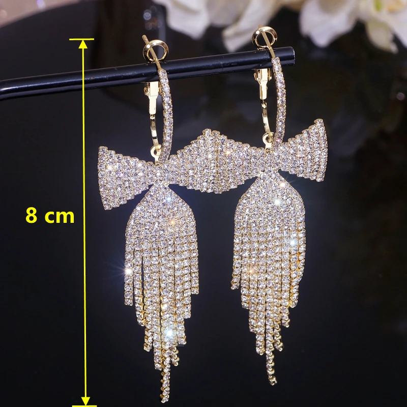 Korean Sweet Rhinestone Bowknot Drop Earrings for Women Fashion Temperament Long Tassel Earrings Jewelry Wedding Party Gifts