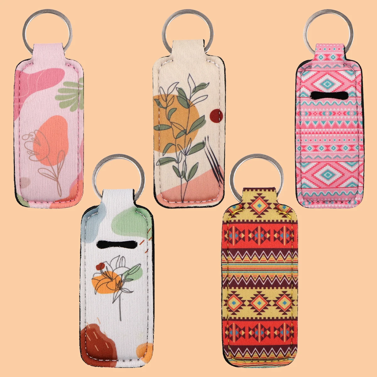 Minimalist Flowers Clip On Lipstick Holder Keychain Decorative Pattern Print Keyring Trendy Lip Balm Key Chain Accessories