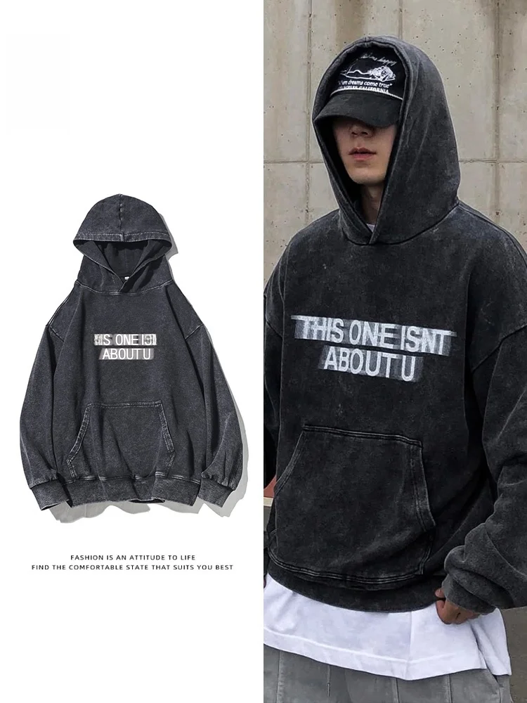 

Rampo Rampo 350G Hoodie Letter Print Men's Winter Waed Loose Heavy Cotton Polyester Blend Long Sve Sweatirt