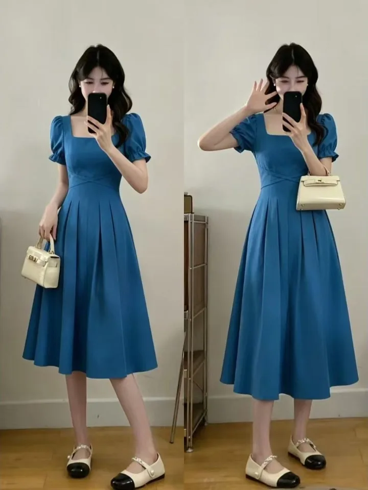 

Slimming plus Size Summer New Style Women's Dress Korean Version Frock Midi Dress Short Sleeve A-Line Silhouette Bubble Sleeve