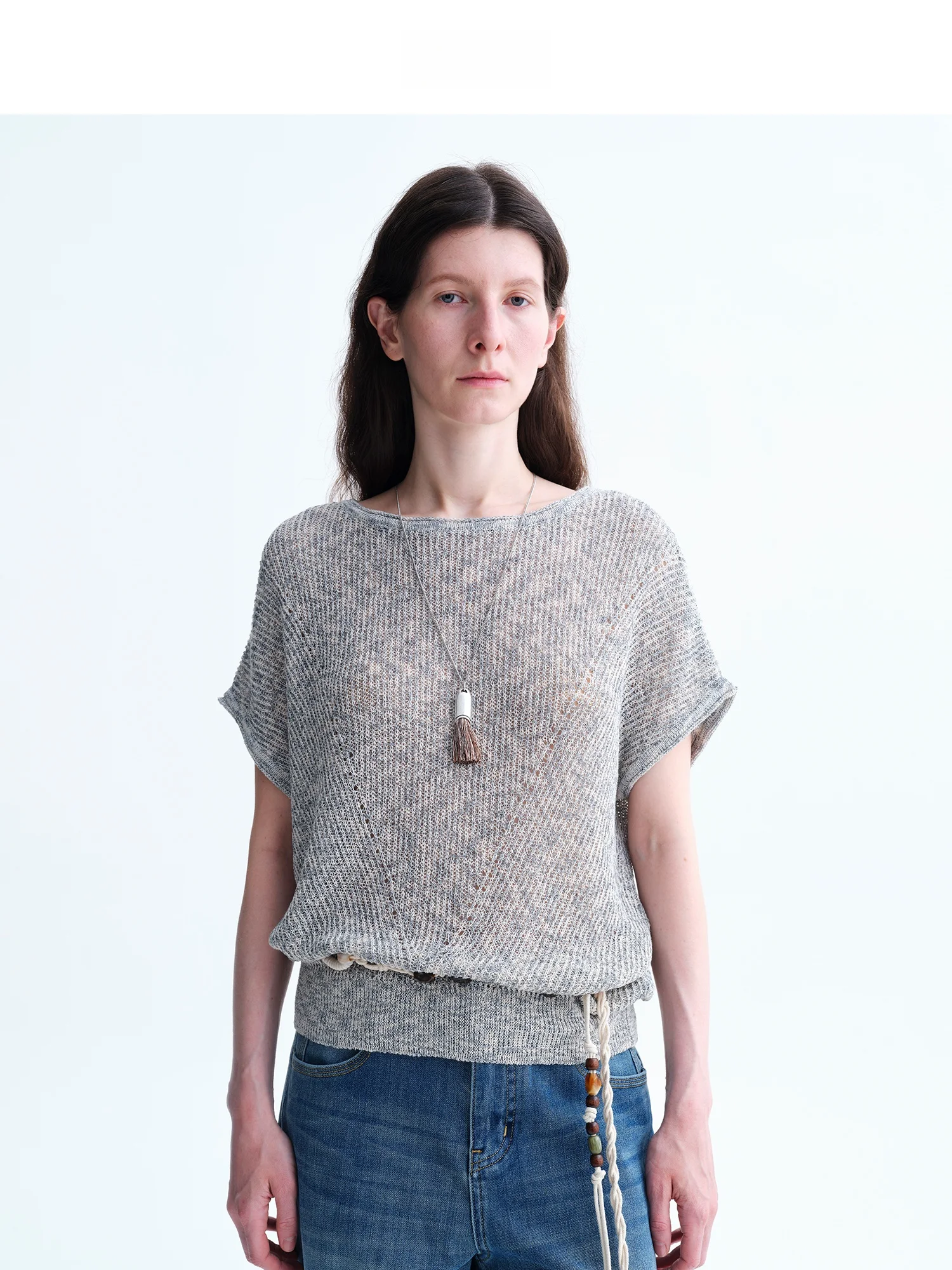 Silver Thread Color Woven Linen Cotton Batwing Sleeve Loose Knitted Sweater Comfortable Breathable Soft round Neck Top for Women