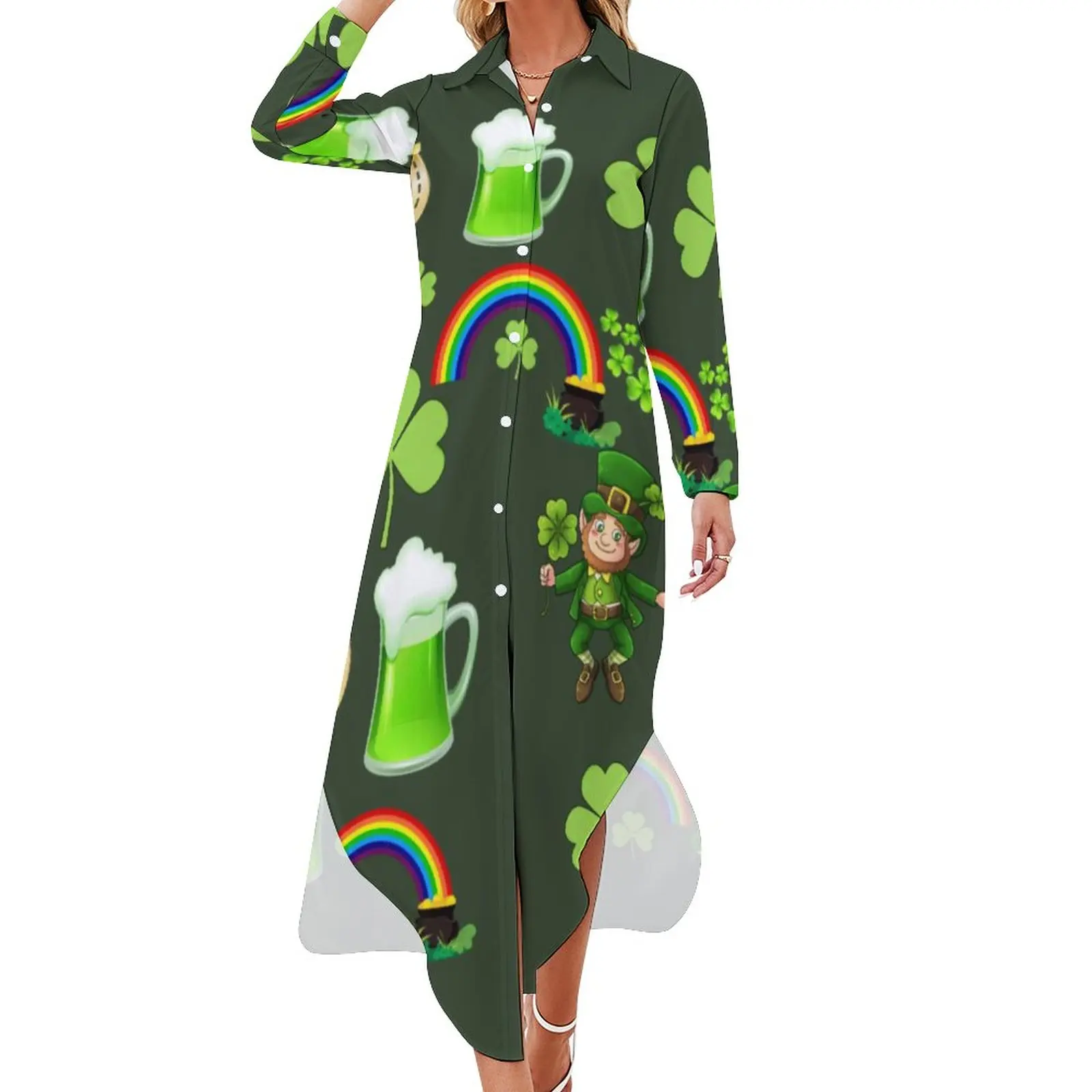 

St Patrick's Day Chiffon Dress Happy Leprechauns Beer Rainbow Elegant Dresses Streetwear Casual Dress Women Vestido 3XL 4XL 5XL