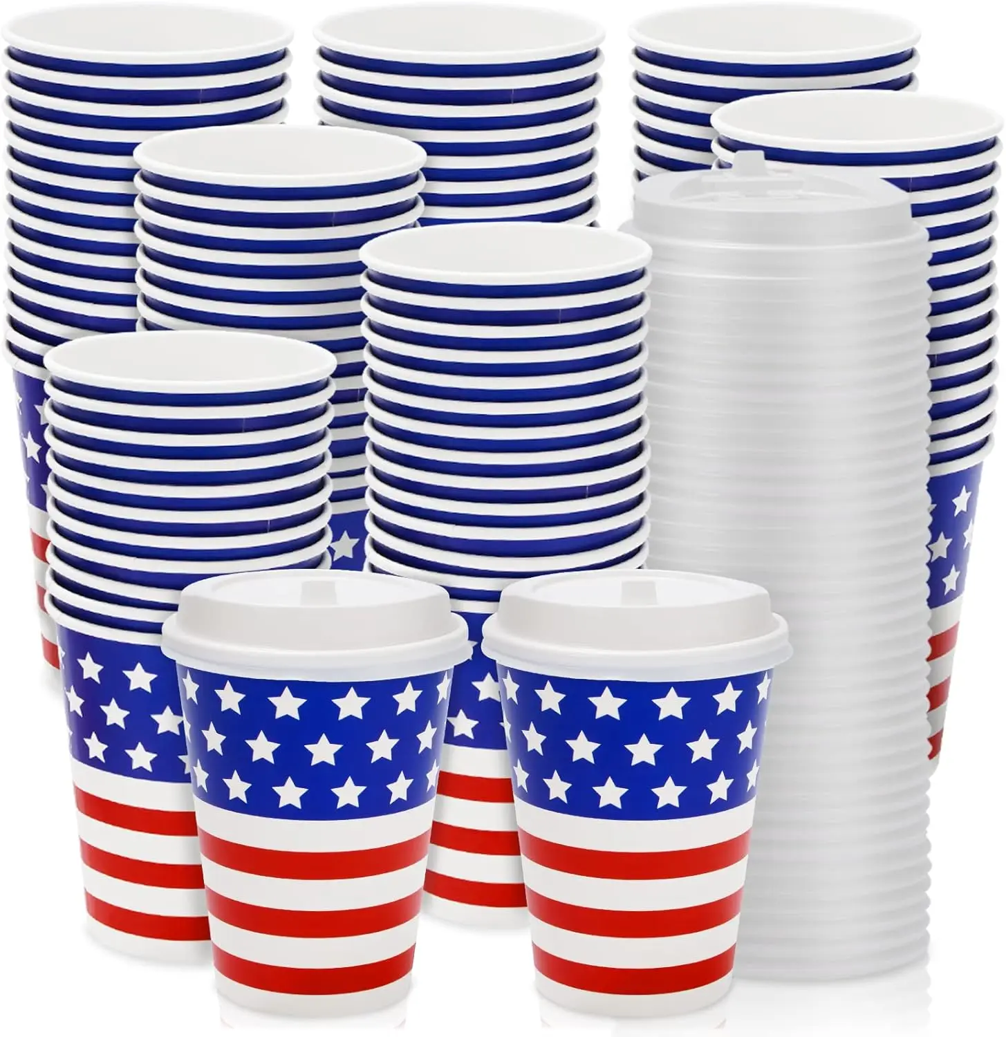 

50Pcs 4th of July Cups with Lids Patriotic American Flag Paper Cups 12Oz Red Blue White Star Stripe Disposable Drinking