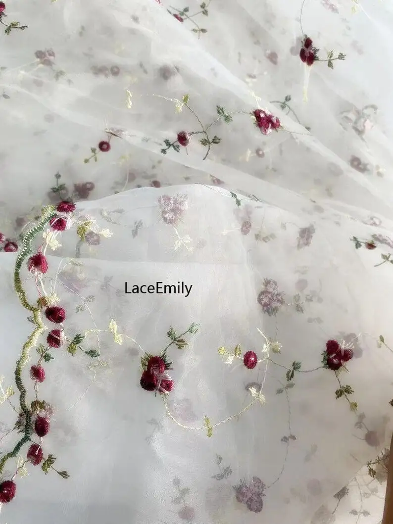Tela de encaje de Organza Floral para vestido de novia, tul bordado con Rosa pequeña roja, 3 colores, 1 yarda