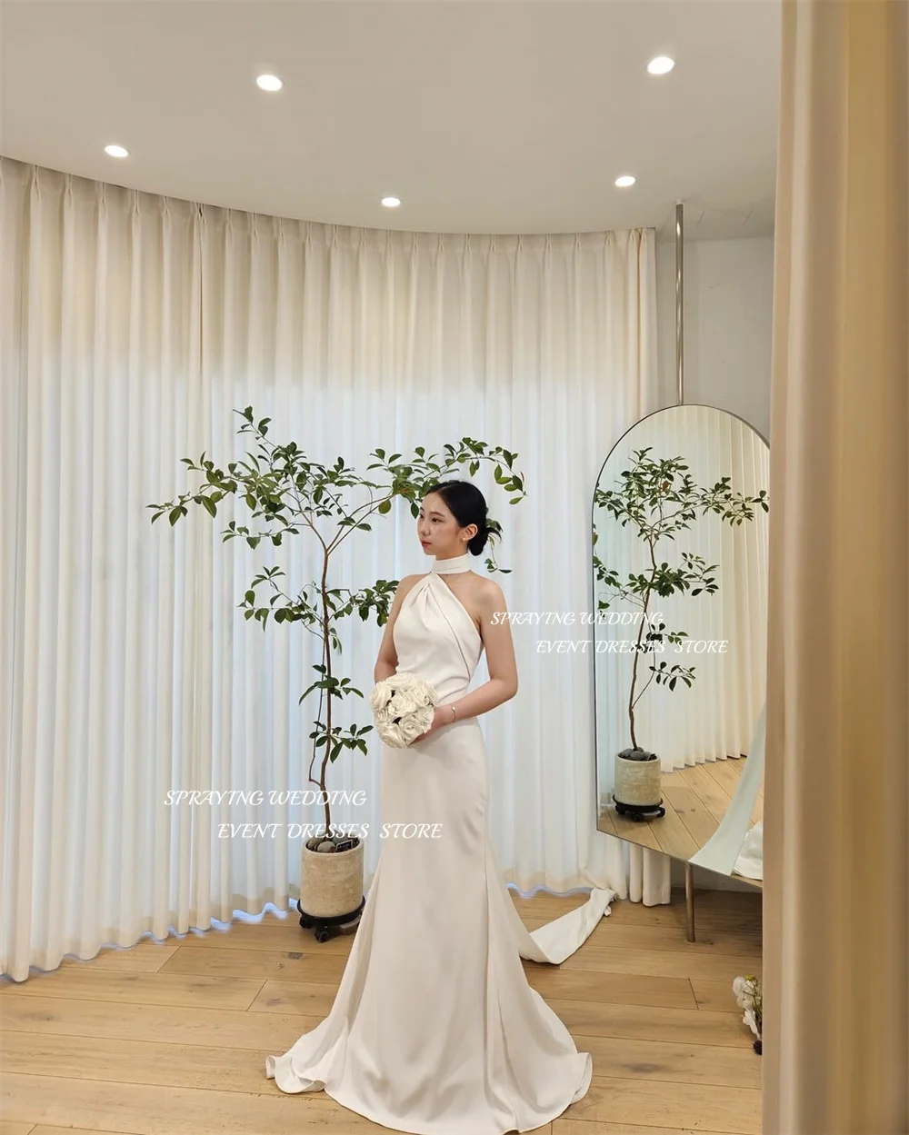 الرش أنيقة حورية البحر طويل الساتان فستان الزفاف كوريا صورة تبادل لاطلاق النار الرسن بلا أكمام زي العرائس مشد مخصص ستناء