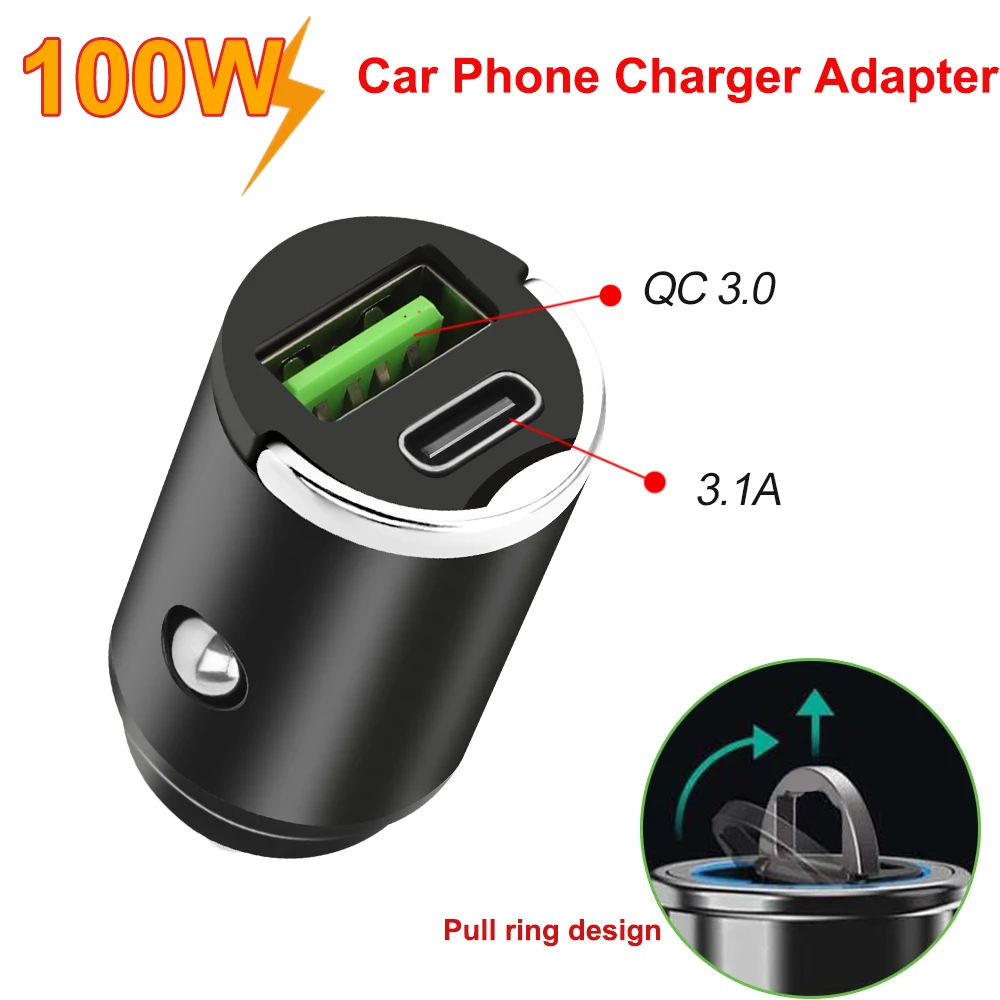 12V-24V Mini Car Charger Pull Ring Fast Charging USB C Car Phone Charger Adapter For iPhone Xiaomi Samsung Huawei