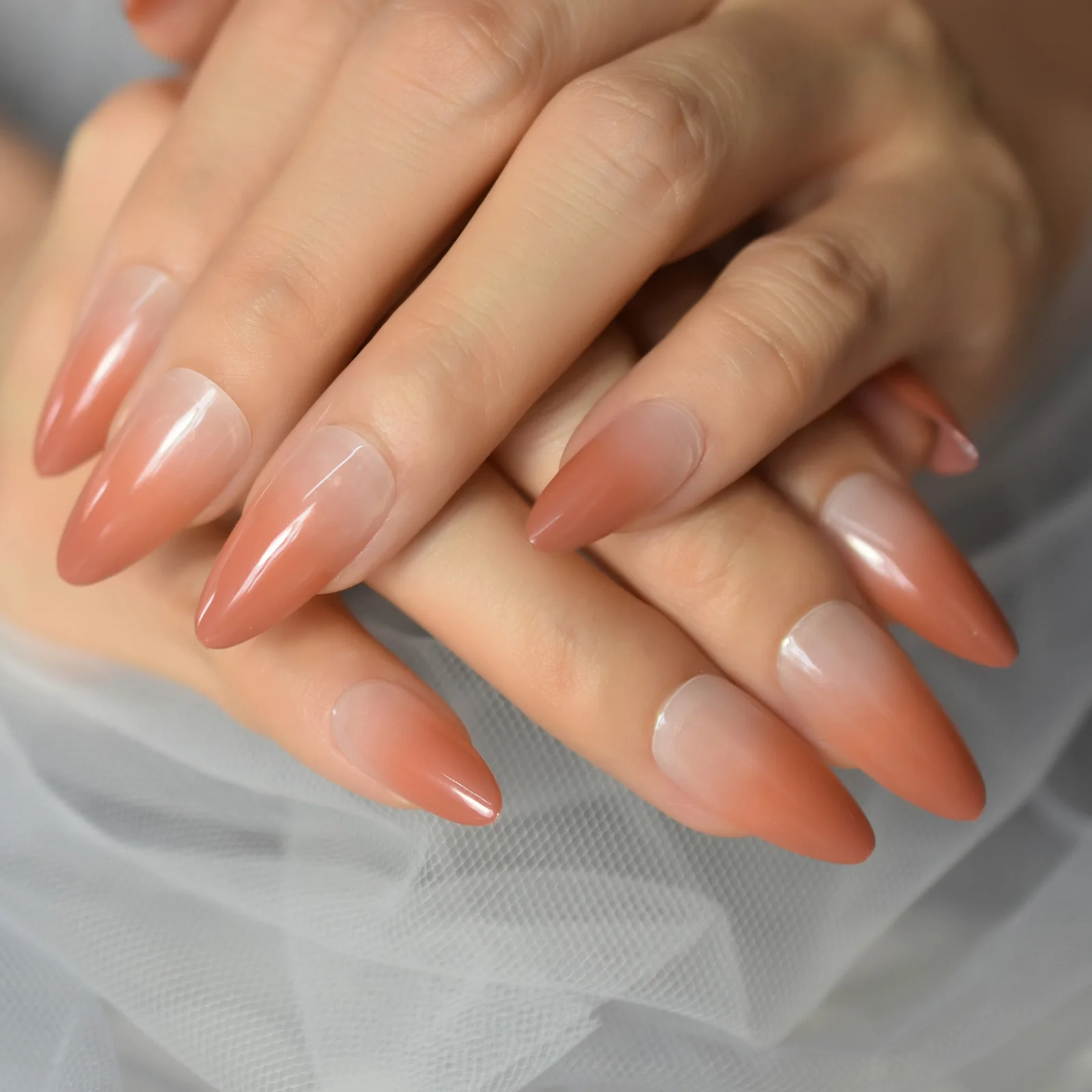 Coral Fake Nails Mid Long Press On Nails Ombre Glossy Full Cover False Nail Tips Almond 24pcs Nude gel Acrylic Nail Set