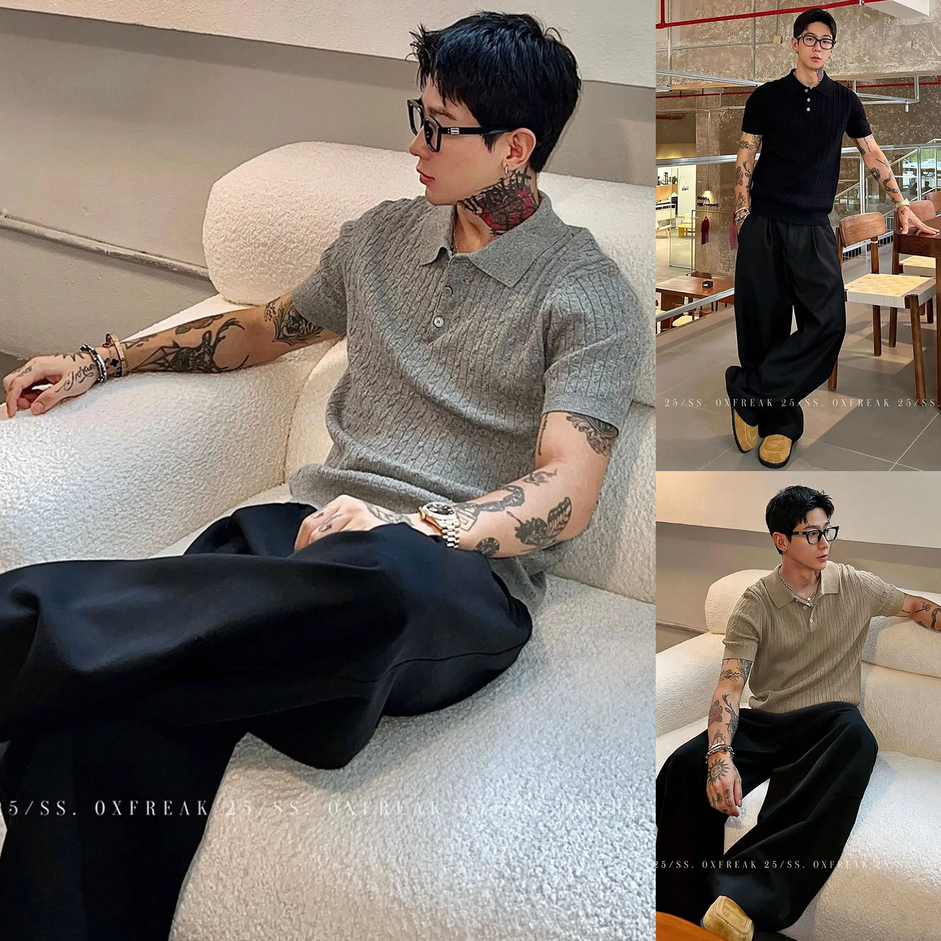 Summer POLO shirt knitted sweater short-sleeved T-shirt men's lapel twist texture ice silk