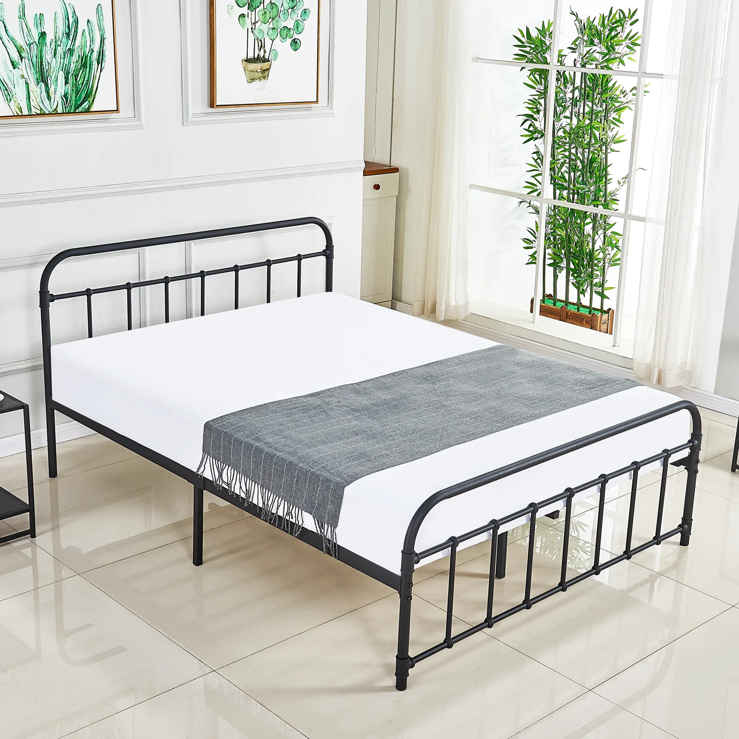 Metal Bed Platform Queen Size Frame with Headboard/No Boxspring Needed/Mattress Foundation