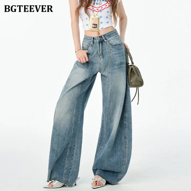 

BGTEEVER Stylish Female Wide Leg Denim Pants Vintage Loose Women Jeans Trousers