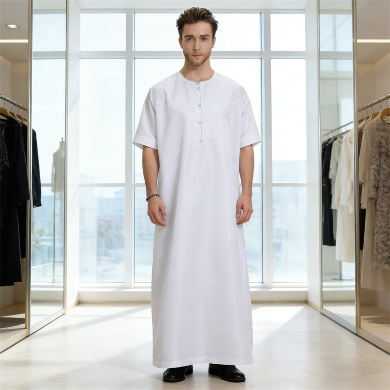 

Мужская мусульманская джубба/тоба для Ид, исламский кафтан, абайя (Пакистан, Саудовская Аравия), джеллаба с пуговицами, короткий рукав, длинное платье-абайя для Рамадана