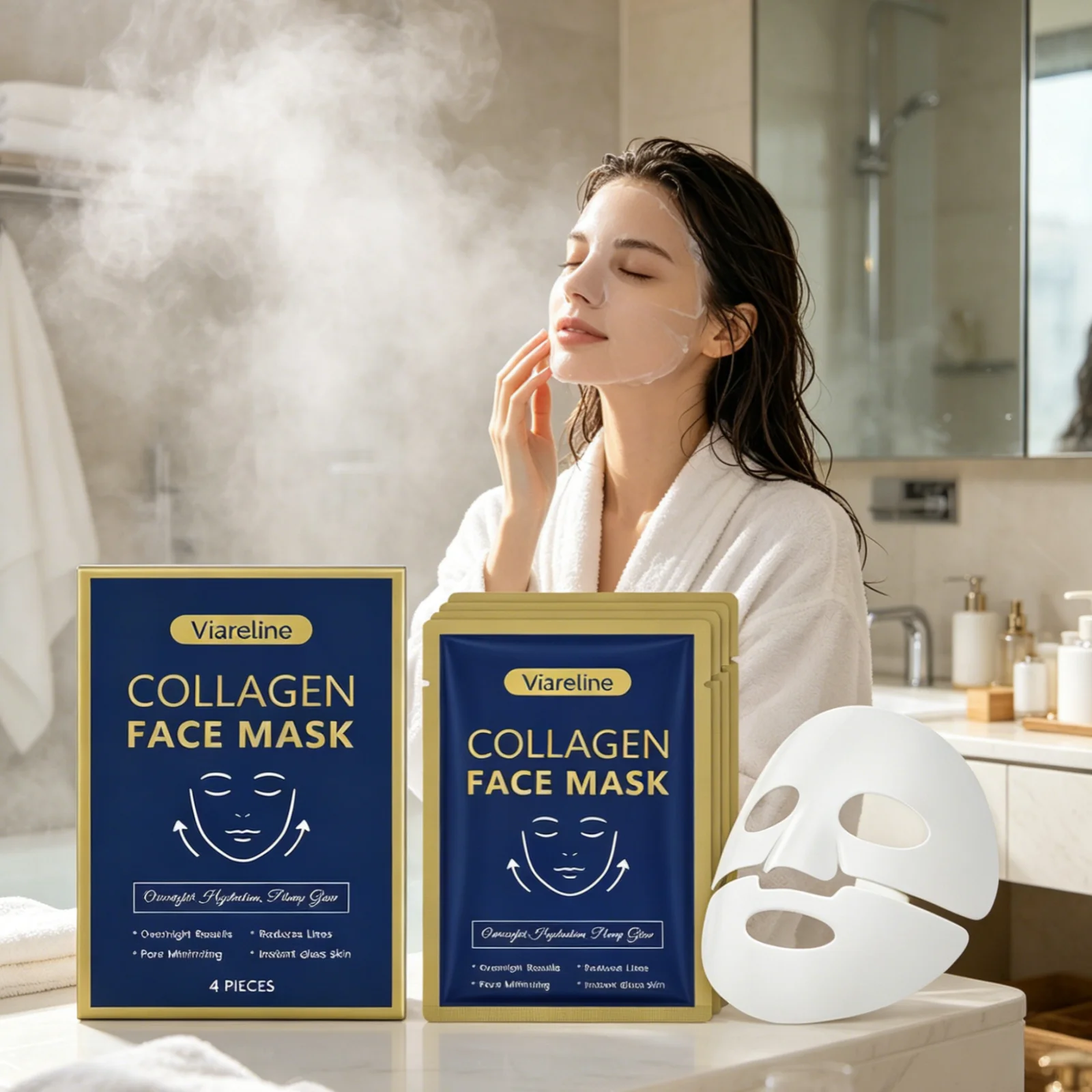 Viareline Collagen Face Mask Deep Hydration Skin Revitalizing Reduces Fine Lines Anti Aging Pore Minimizing Collagen Sheet Masks